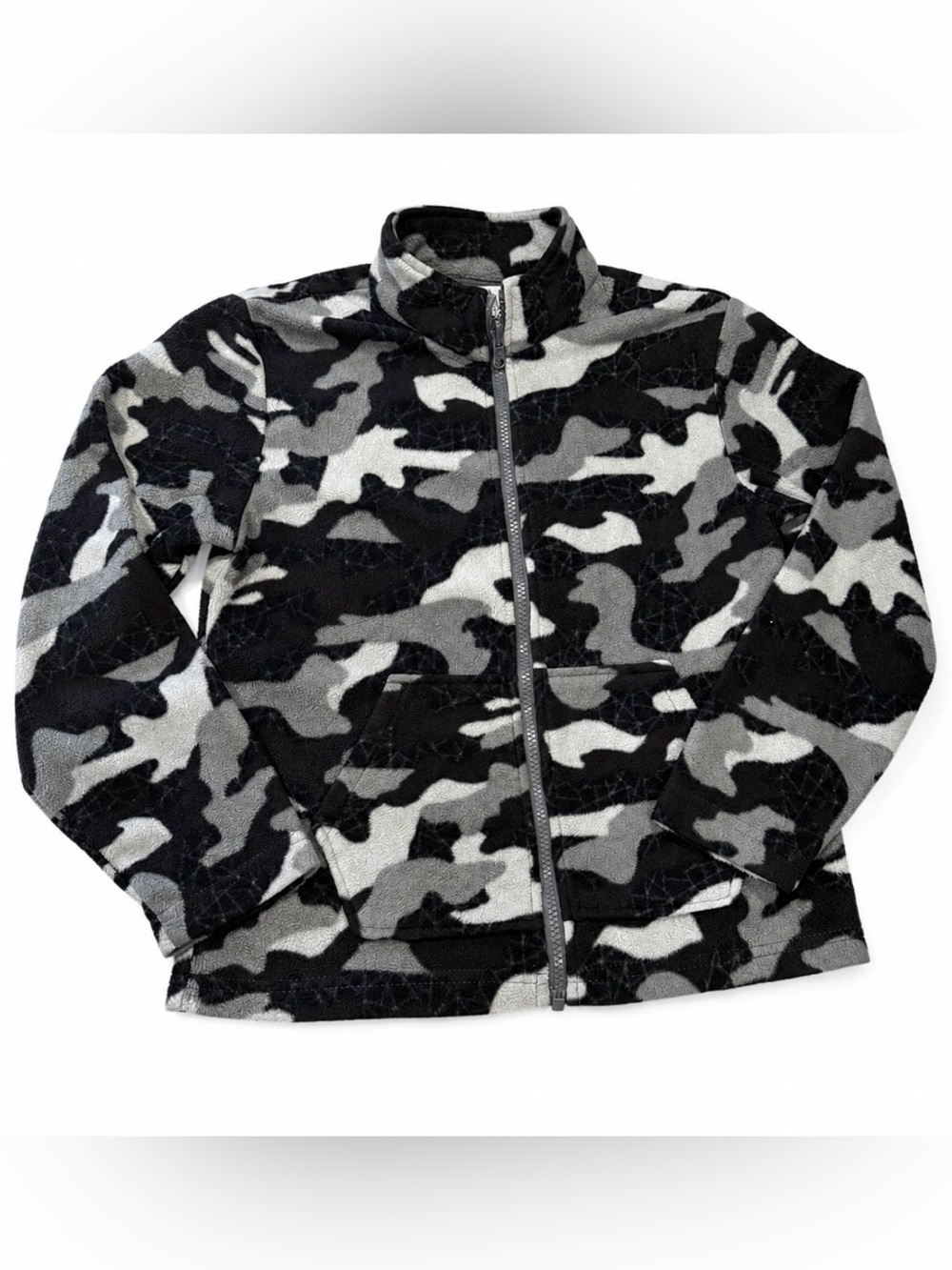 Boys Eddie Bauer Sz 10-12 Black Gray Camo Fleece Jacket Full Zip Gorpcore